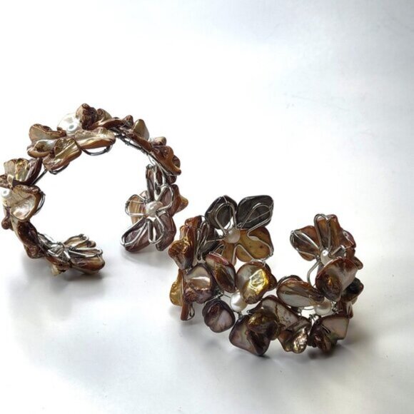 Brown Cuff Bracelet Freshwater Pearl and Mother Of Pearl Bangle NEW - Picture 7 of 9